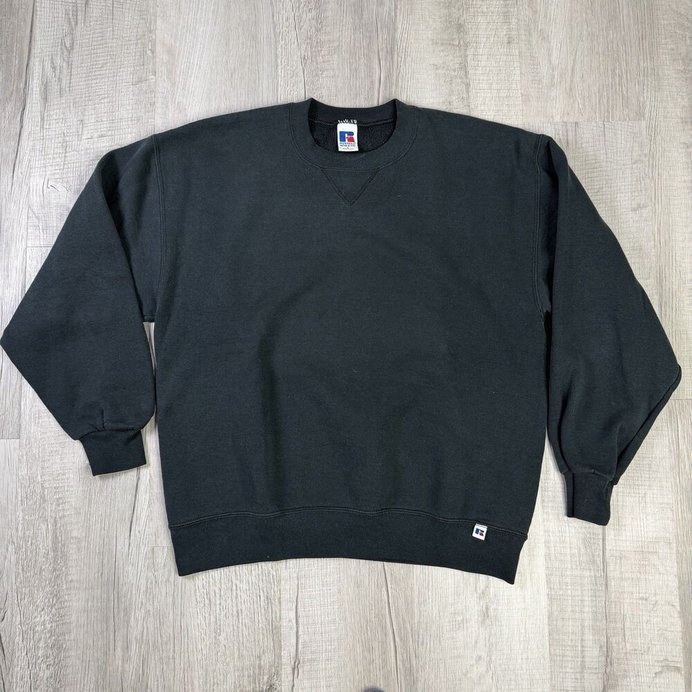 Vtg 90s Russell Athletic Black Sweatshirt Large USA Distress Boxy Grunge Skate N